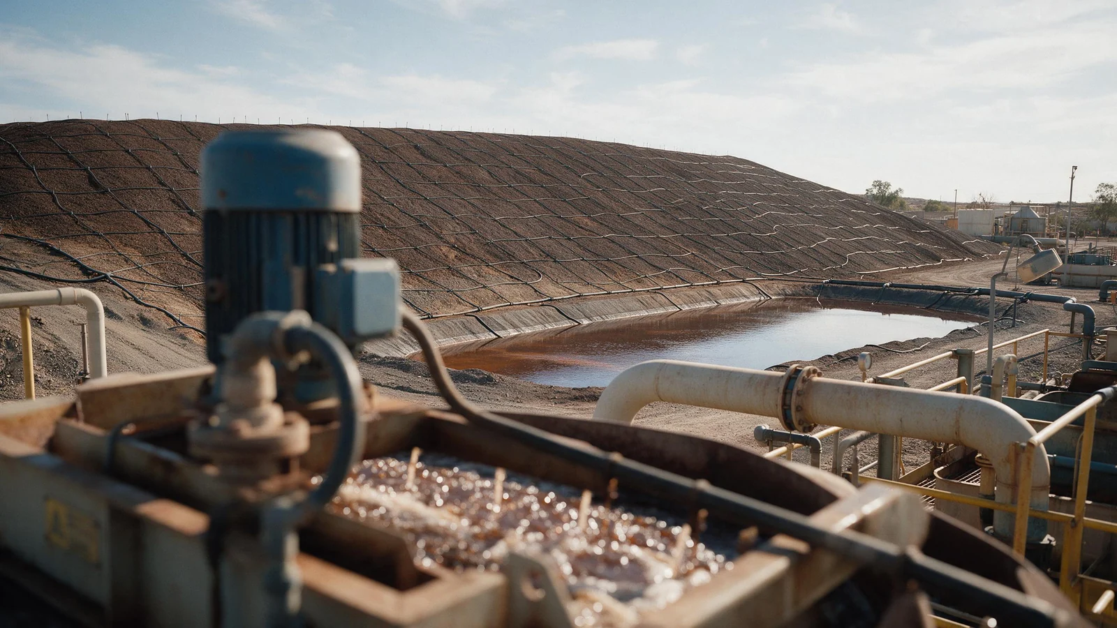A copper heap leach pad with drip irrigation lines and a pregnant solution pond at its foot