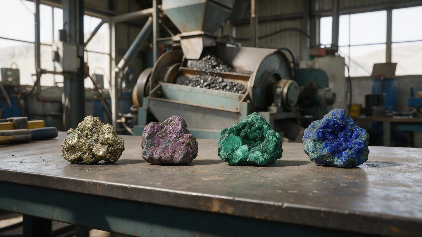 A row of copper ore specimens on a lab bench: brassy chalcopyrite