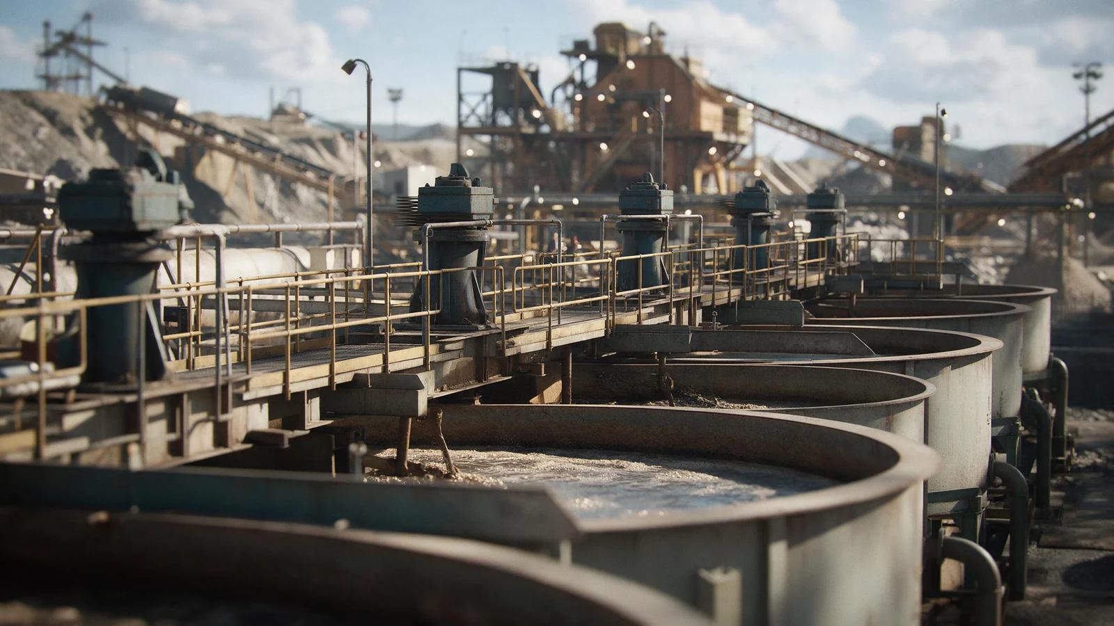 A row of large leach tanks with agitators and walkways in a gold processing plant