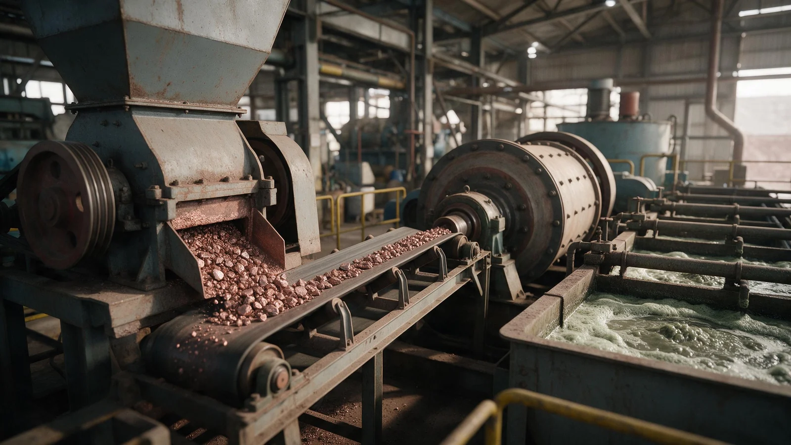Copper ore moving from a crusher on a conveyor toward a ball mill and flotation cells with green-grey froth