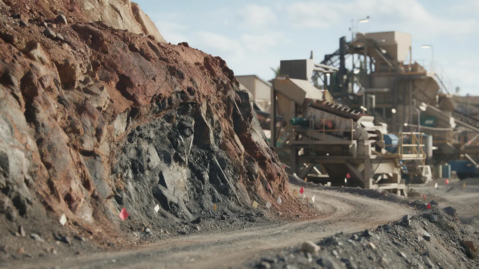 Oxide gold ore stockpile showing the weathered iron-stained upper zone