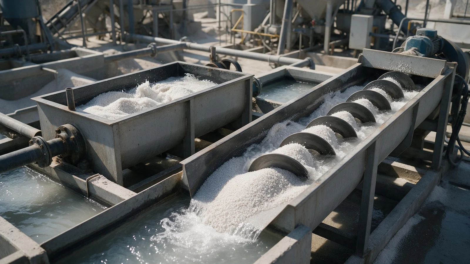 An attrition scrubber and spiral classifier washing white silica sand