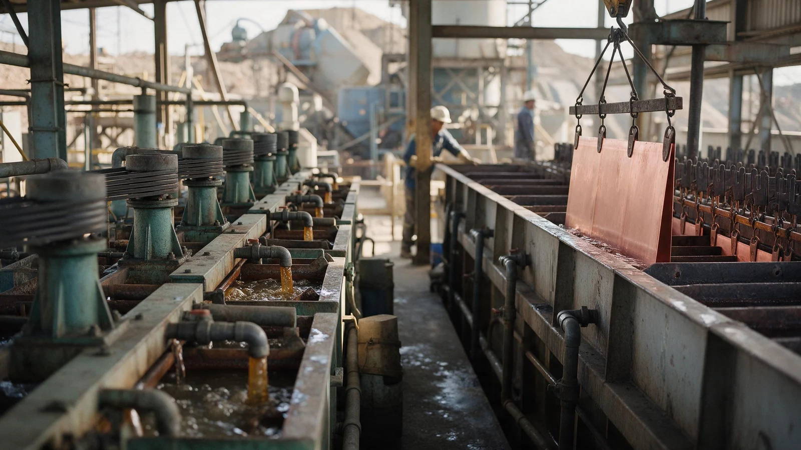 A solvent extraction mixer-settler train and an electrowinning tankhouse with copper cathode sheets being lifted