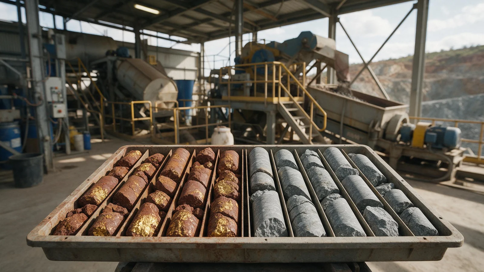 A core tray of drill core showing oxidised reddish and fresh grey sulphide gold ore side by side